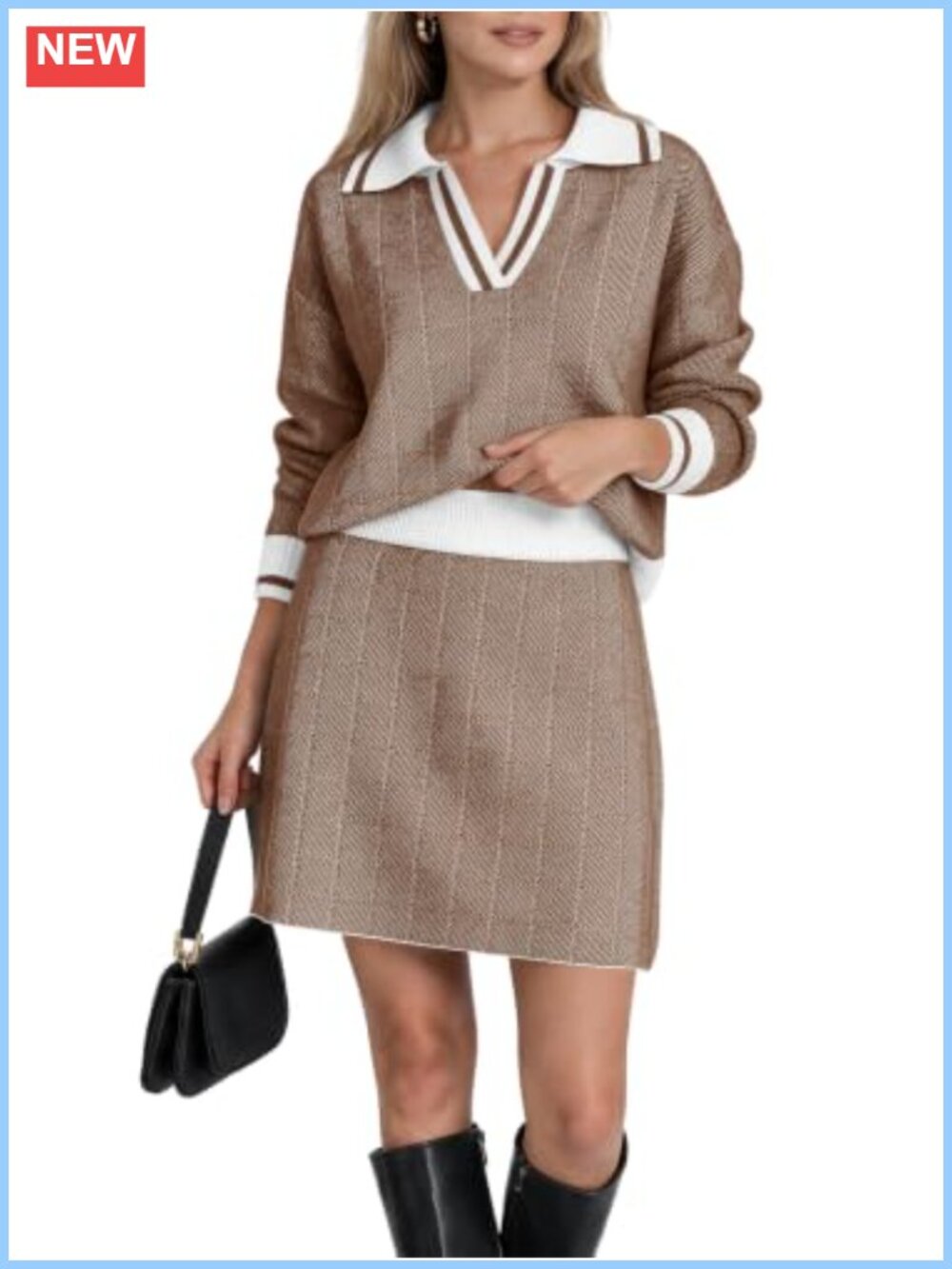 Knit Two Piece Skirt Set Long Sleeve V Neck Pullover & Mini Skirt